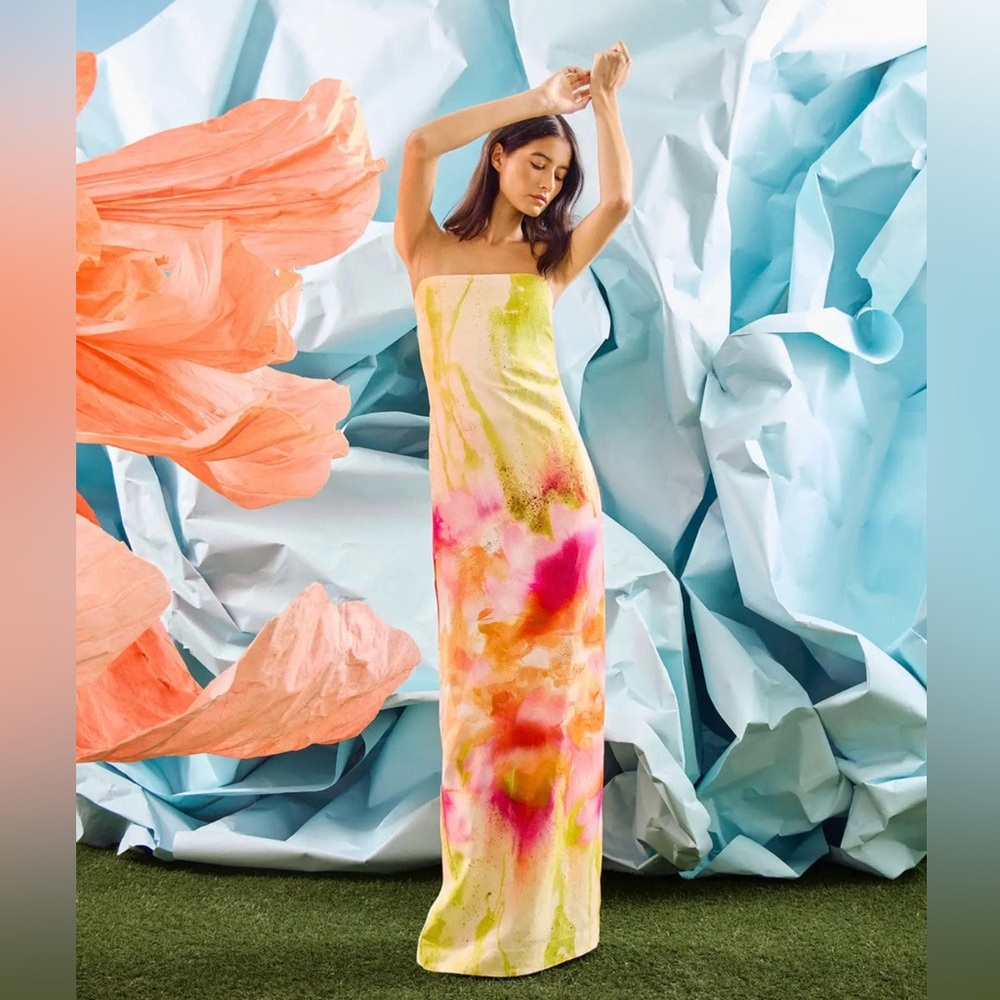 HUNTER BELL Lainey Tie-Dye Strapless Maxi Dress in Pink, Orange, Green